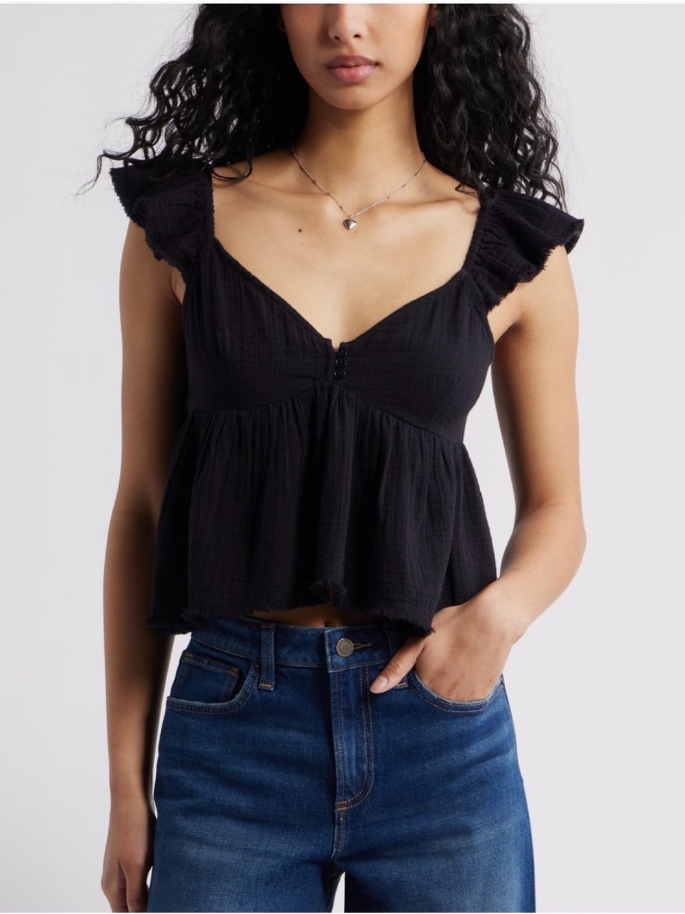 Nordstrom Black Ruffle Cap-Sleeve V-Neck Crop Top